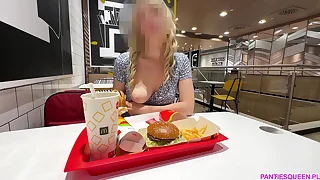 Hot blonde flashes increased by masturbates fat pumped pussy thither public cafeteria